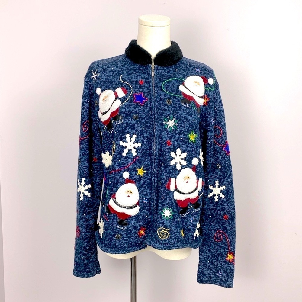 Christmas Holiday Full zip sweater in navy